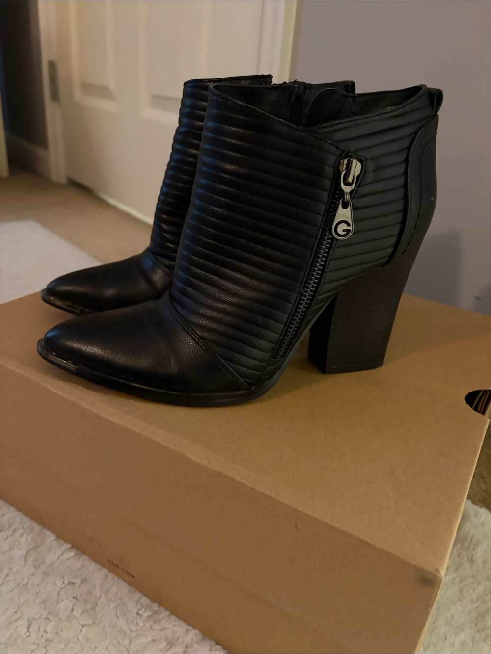 G by Guess Black Quilted Pointed-Toe Ankle Booties